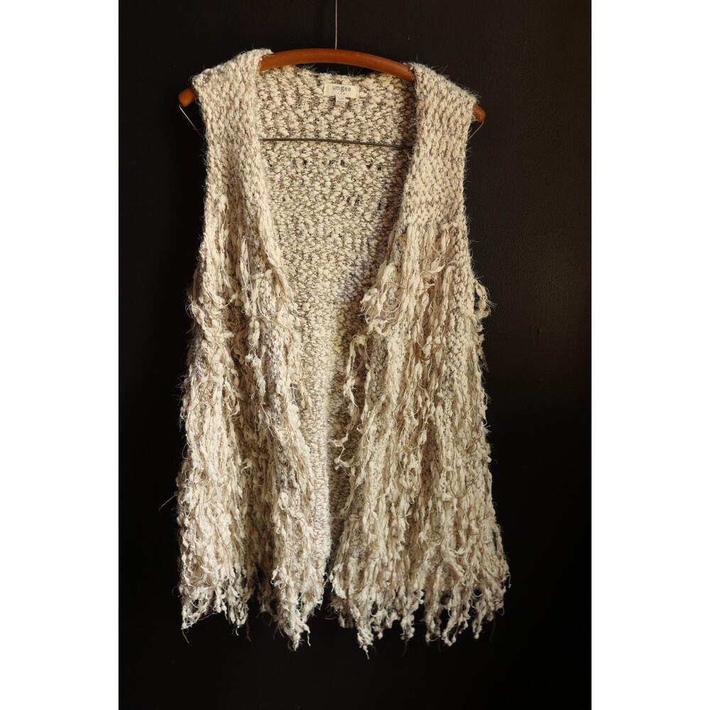 Umgee Crochet Beige Cream Shaggy Fringe Boho Open Front Vest Hippie Festival S/M